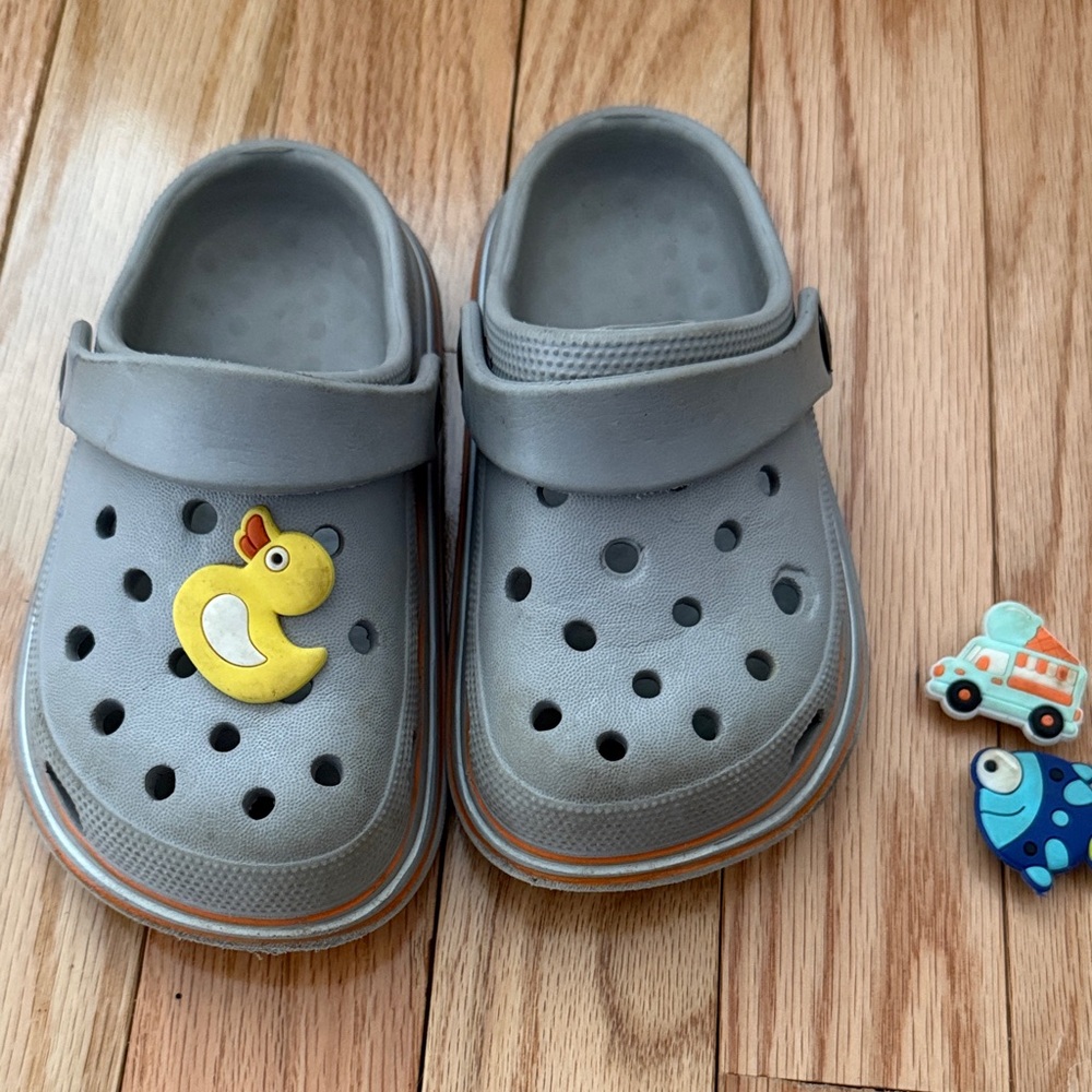 Kids Gray Slip-On Sandals with Fun Yellow Duck Charm